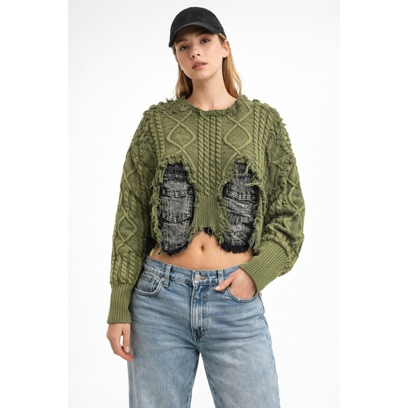 Sweaters - Distressed Cable Knit Cropped Sweater Olive Green Deconstructed Avant Garde
